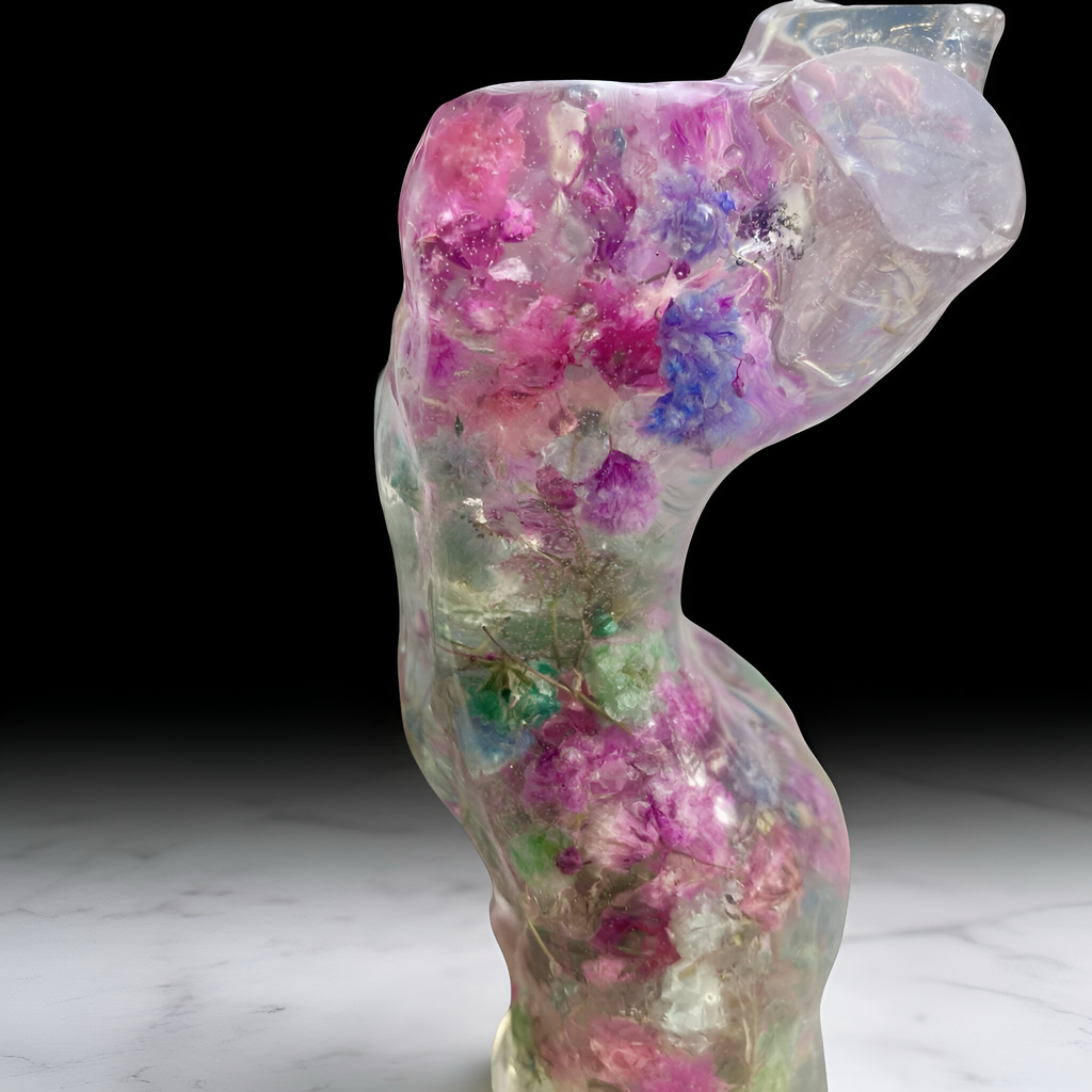 Two Mini women's torso statues filled with colorful flowers